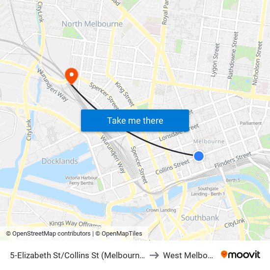 5-Elizabeth St/Collins St (Melbourne City) to West Melbourne map