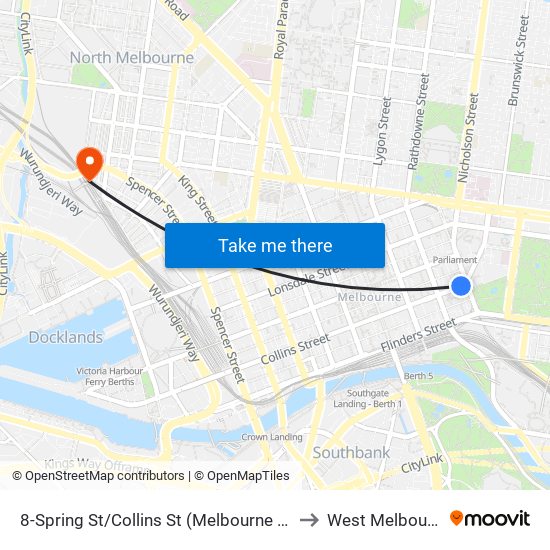 8-Spring St/Collins St (Melbourne City) to West Melbourne map