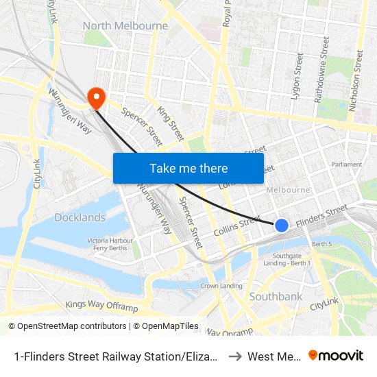 1-Flinders Street Railway Station/Elizabeth St (Melbourne City) to West Melbourne map