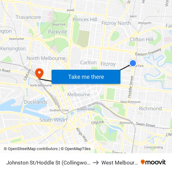 Johnston St/Hoddle St (Collingwood) to West Melbourne map