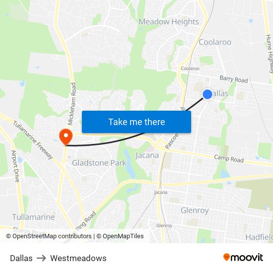 Dallas to Westmeadows map