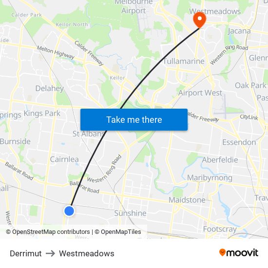 Derrimut to Westmeadows map