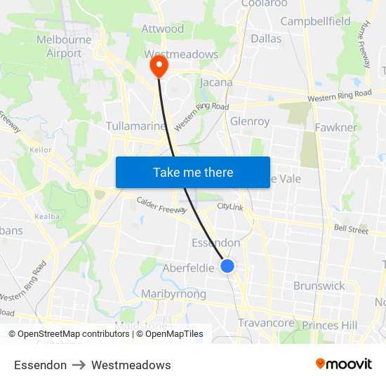 Essendon to Westmeadows map