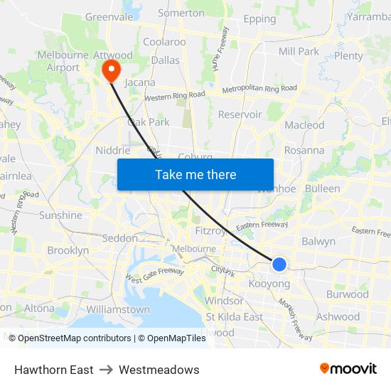 Hawthorn East to Westmeadows map