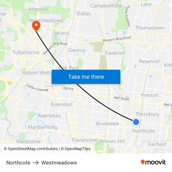 Northcote to Westmeadows map