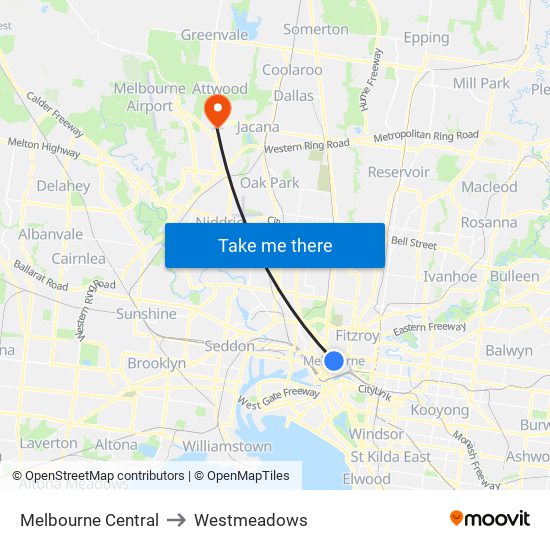 Melbourne Central to Westmeadows map