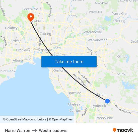 Narre Warren to Westmeadows map