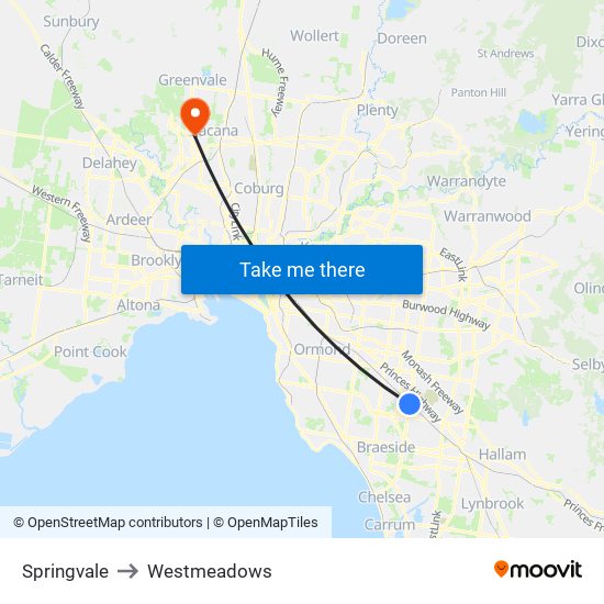 Springvale to Westmeadows map