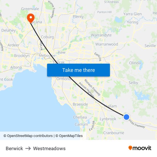 Berwick to Westmeadows map