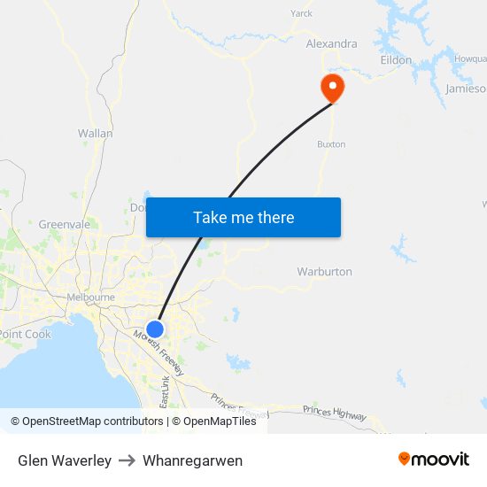 Glen Waverley to Whanregarwen map