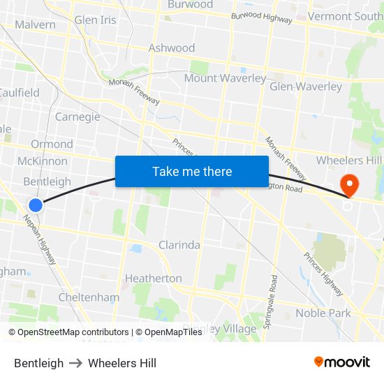 Bentleigh to Wheelers Hill map