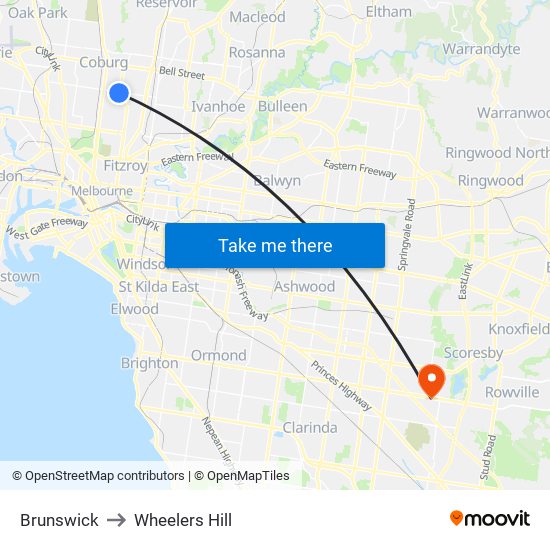 Brunswick to Wheelers Hill map