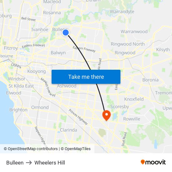Bulleen to Wheelers Hill map