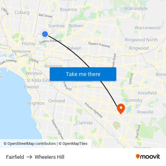 Fairfield to Wheelers Hill map