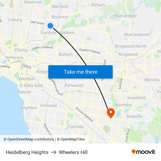 Heidelberg Heights to Wheelers Hill map