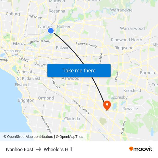 Ivanhoe East to Wheelers Hill map