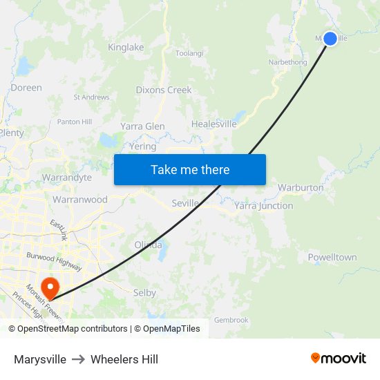 Marysville to Wheelers Hill map