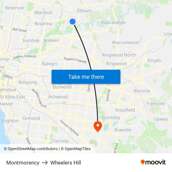 Montmorency to Wheelers Hill map