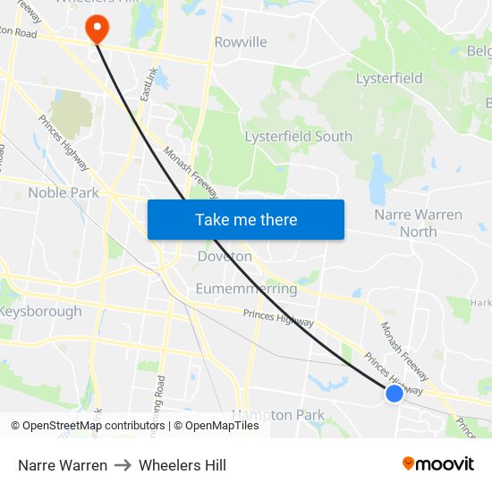 Narre Warren to Wheelers Hill map