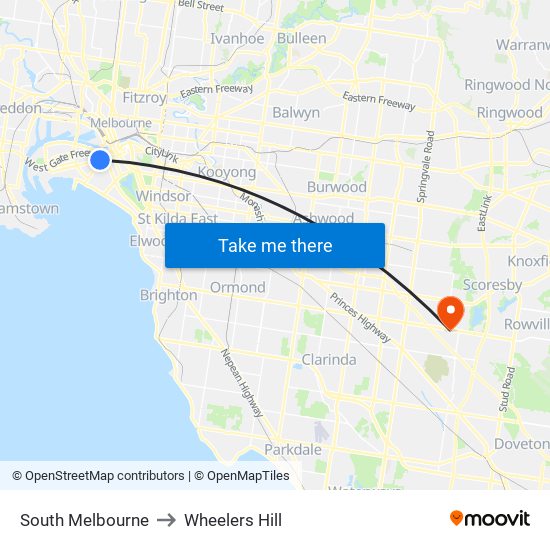 South Melbourne to Wheelers Hill map