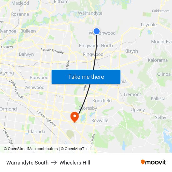 Warrandyte South to Wheelers Hill map