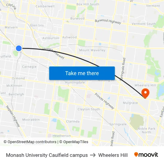 Monash University Caulfield campus to Wheelers Hill map