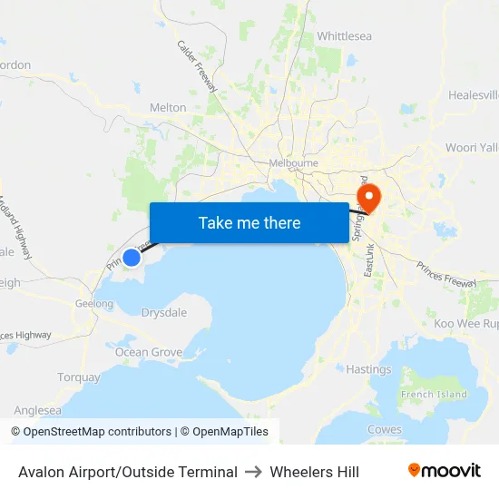 Avalon Airport/Outside Terminal to Wheelers Hill map