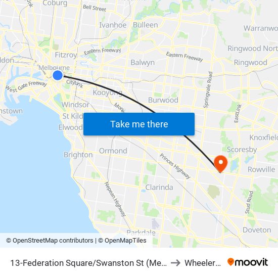 13-Federation Square/Swanston St (Melbourne City) to Wheelers Hill map