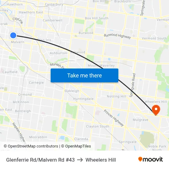 Glenferrie Rd/Malvern Rd #43 to Wheelers Hill map