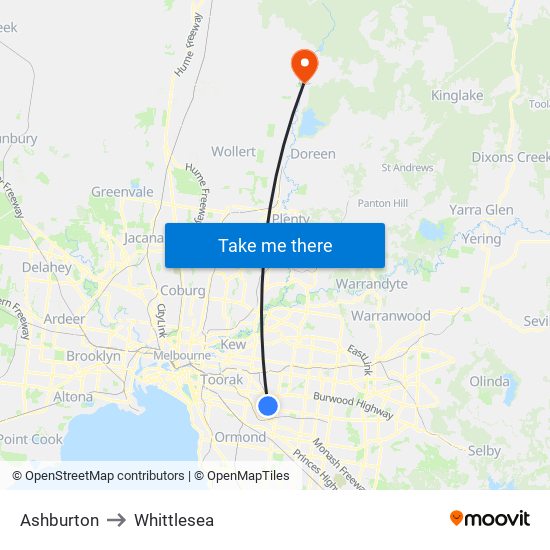 Ashburton to Whittlesea map