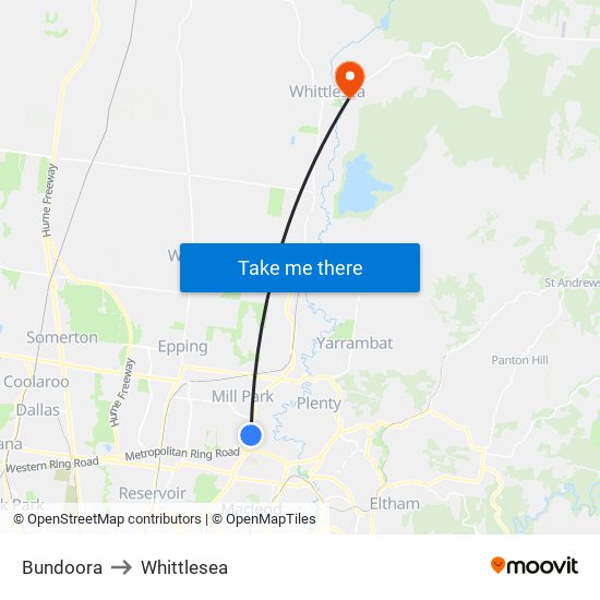 Bundoora to Whittlesea map