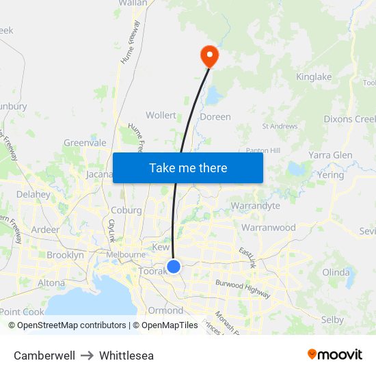 Camberwell to Whittlesea map