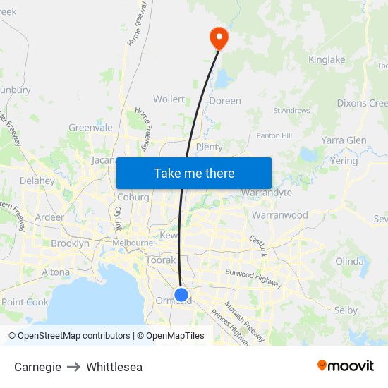 Carnegie to Whittlesea map