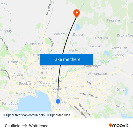 Caulfield to Whittlesea map