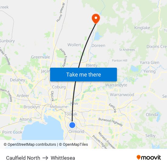 Caulfield North to Whittlesea map