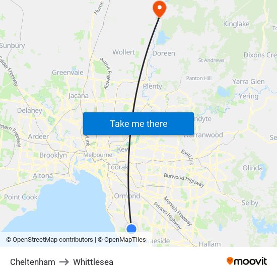 Cheltenham to Whittlesea map