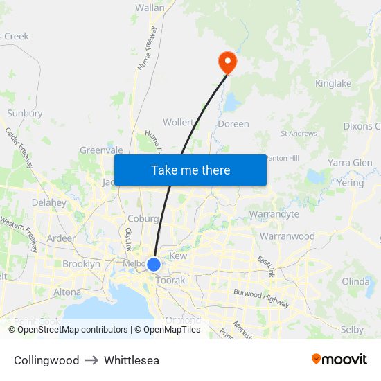 Collingwood to Whittlesea map