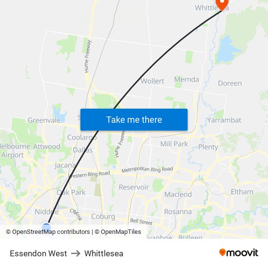 Essendon West to Whittlesea map
