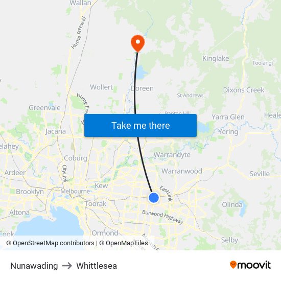 Nunawading to Whittlesea map