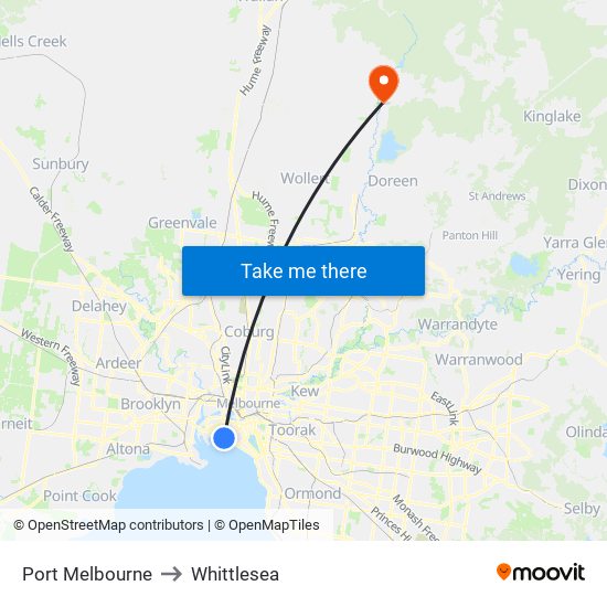 Port Melbourne to Whittlesea map