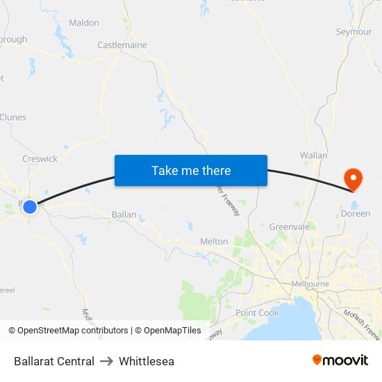 Ballarat Central to Whittlesea map
