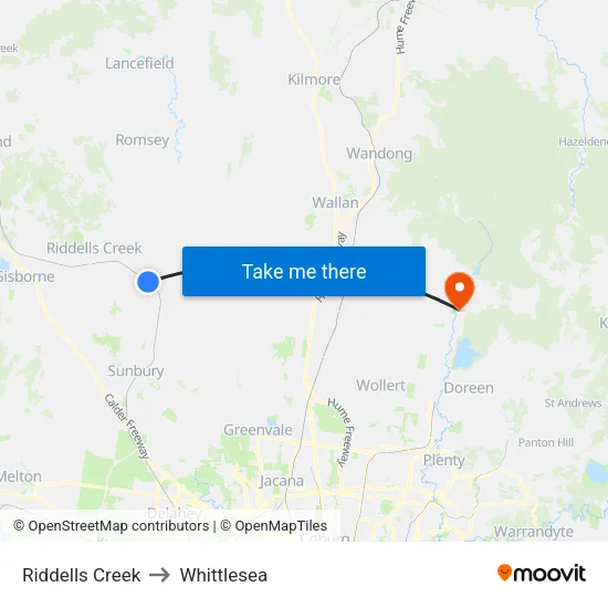 Riddells Creek to Whittlesea map