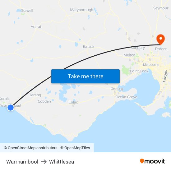 Warrnambool to Whittlesea map
