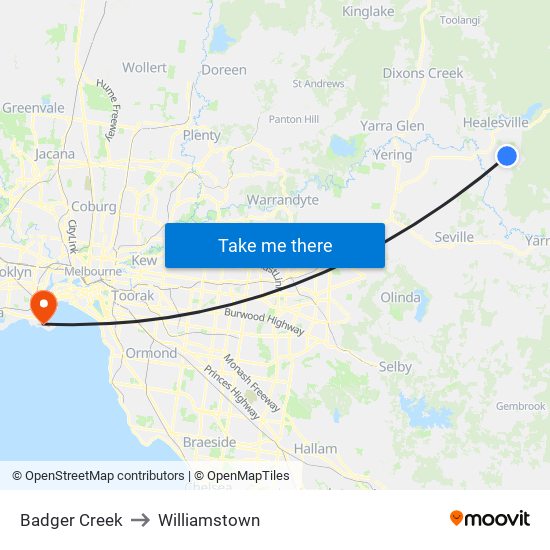 Badger Creek to Williamstown map