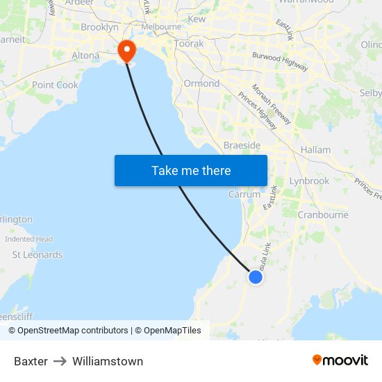 Baxter to Williamstown map