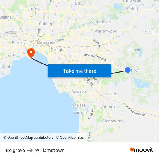 Belgrave to Williamstown map