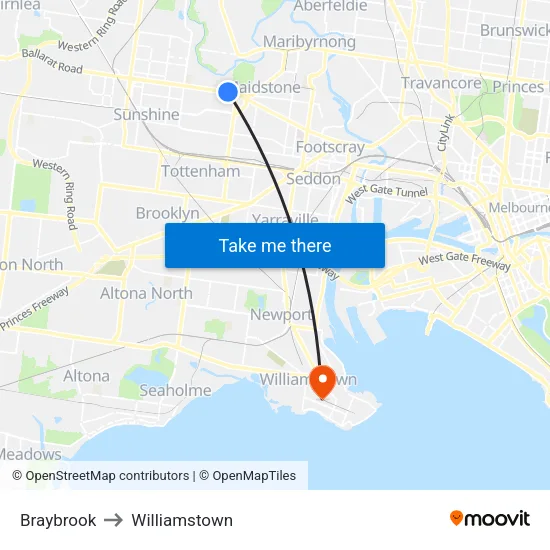 Braybrook to Williamstown map