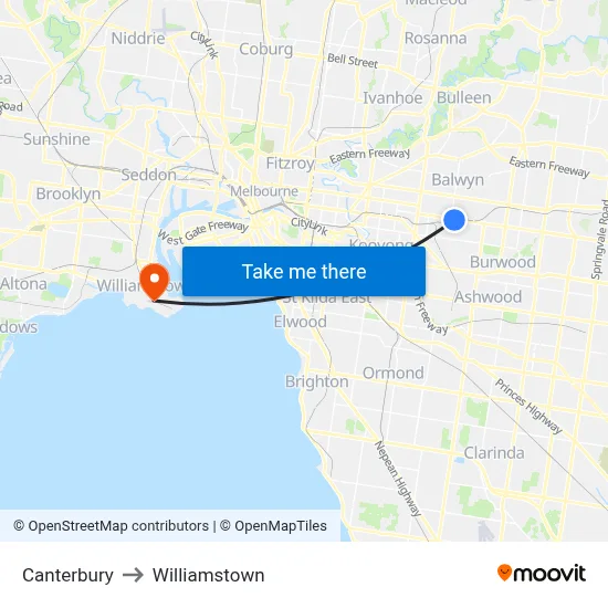 Canterbury to Williamstown map