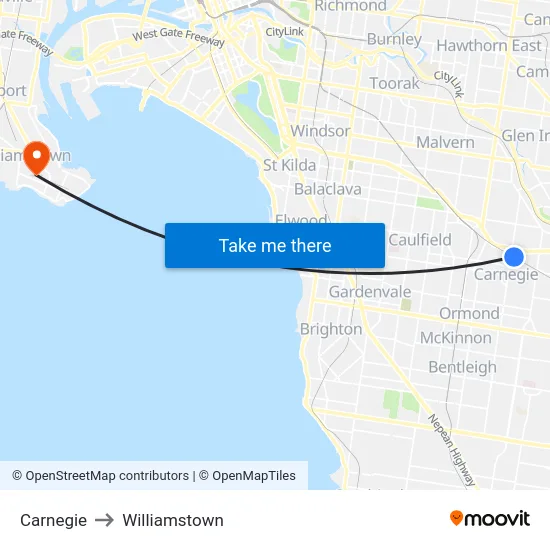 Carnegie to Williamstown map