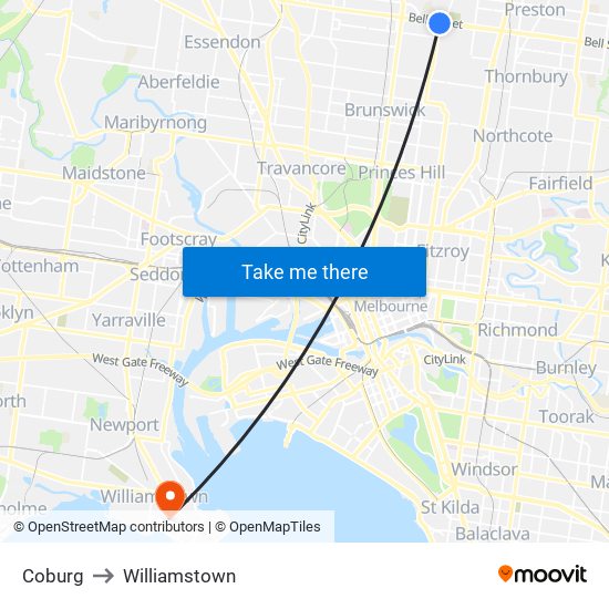 Coburg to Williamstown map